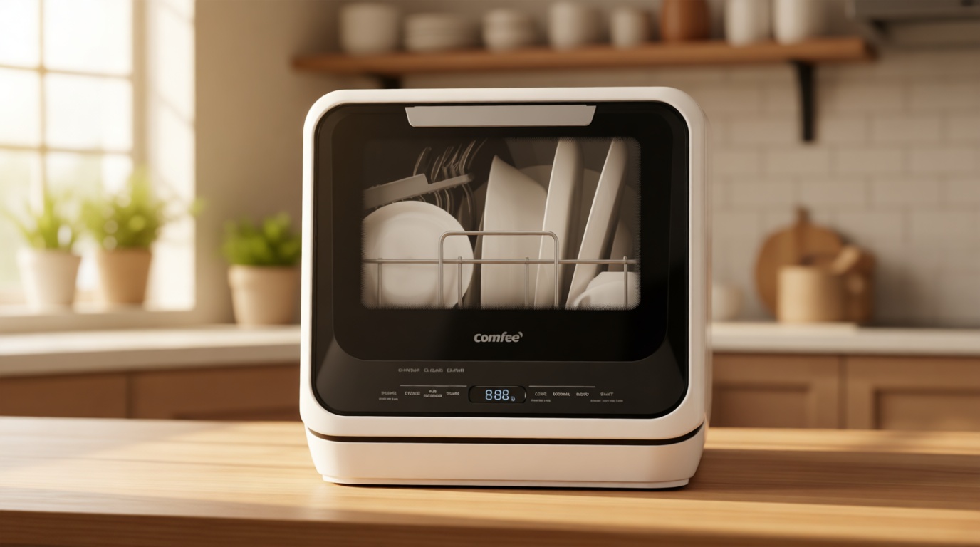 COMFEE' Portable Mini Dishwasher Countertop with 1.32Gal Built-in Water Tank for Apartments& RVs, No Hookup Needed, 6 Programs, 360° Dual Spray, 162℉ High-Temp& Air-Dry Function