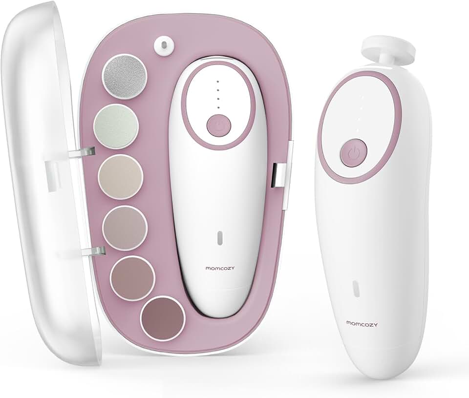 Momcozy Baby Nail File Electric, Gentle Baby Nail Trimmer Electric, Baby Nail Clipper with Night Light, 7 Grinding Head Replacement Pads, Pink