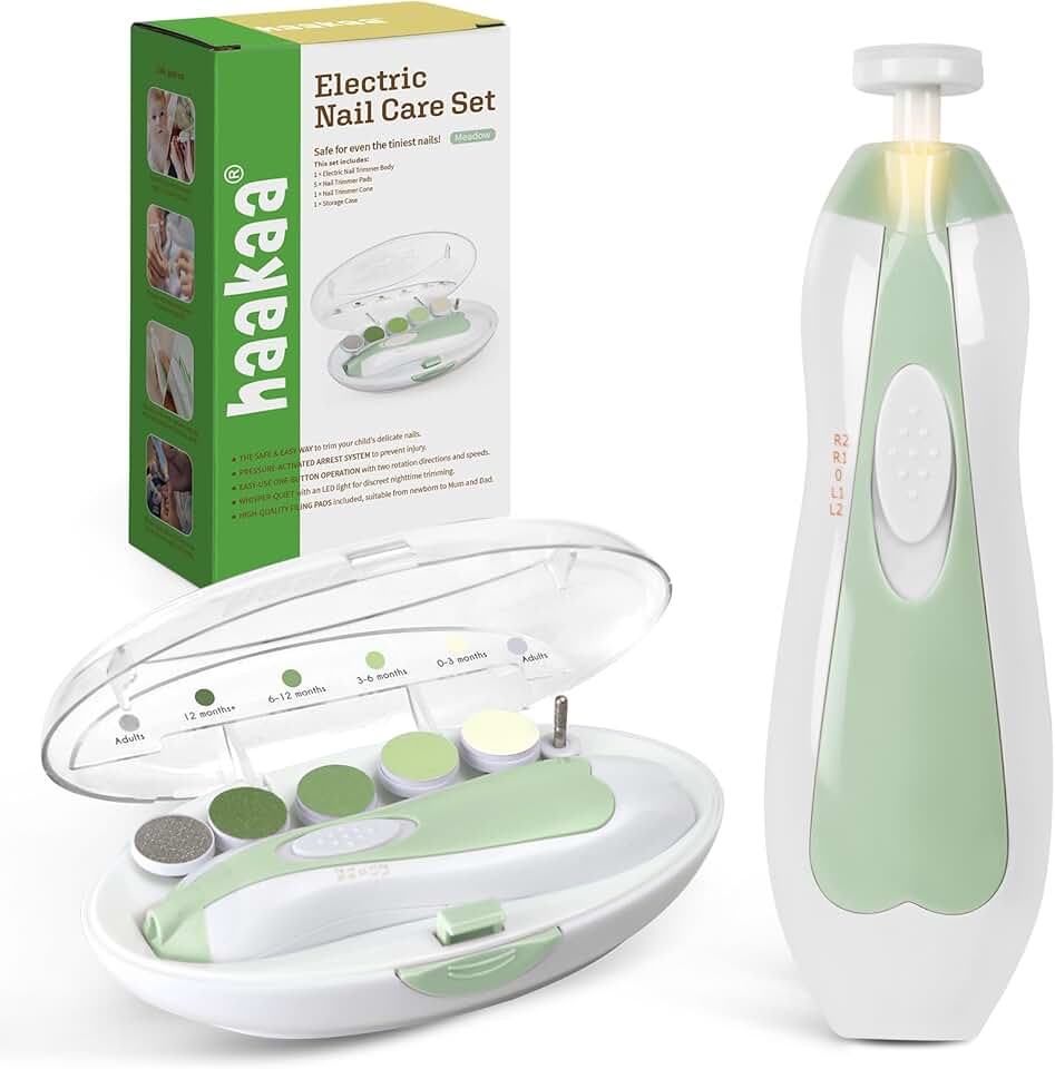 haakaa Baby Nail File Electric Baby Nail Care Set with LED Light, Baby Nail Clippers for Newborn/Infants/Adults Toenails and Fingernails, 6 Replacement Heads & Storage Case, Green