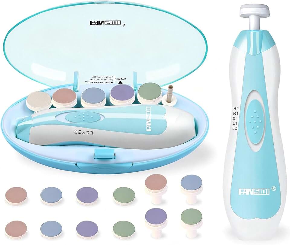Fansidi Upgraded Baby Nail Trimmer Electric | Easy & Safe Baby Nail File, Precise 4-Stage Gentle Nail Buffer + Nail Clippers for Newborn to Toddler, with 18 Grinding Heads & Soft LED Light, Blue