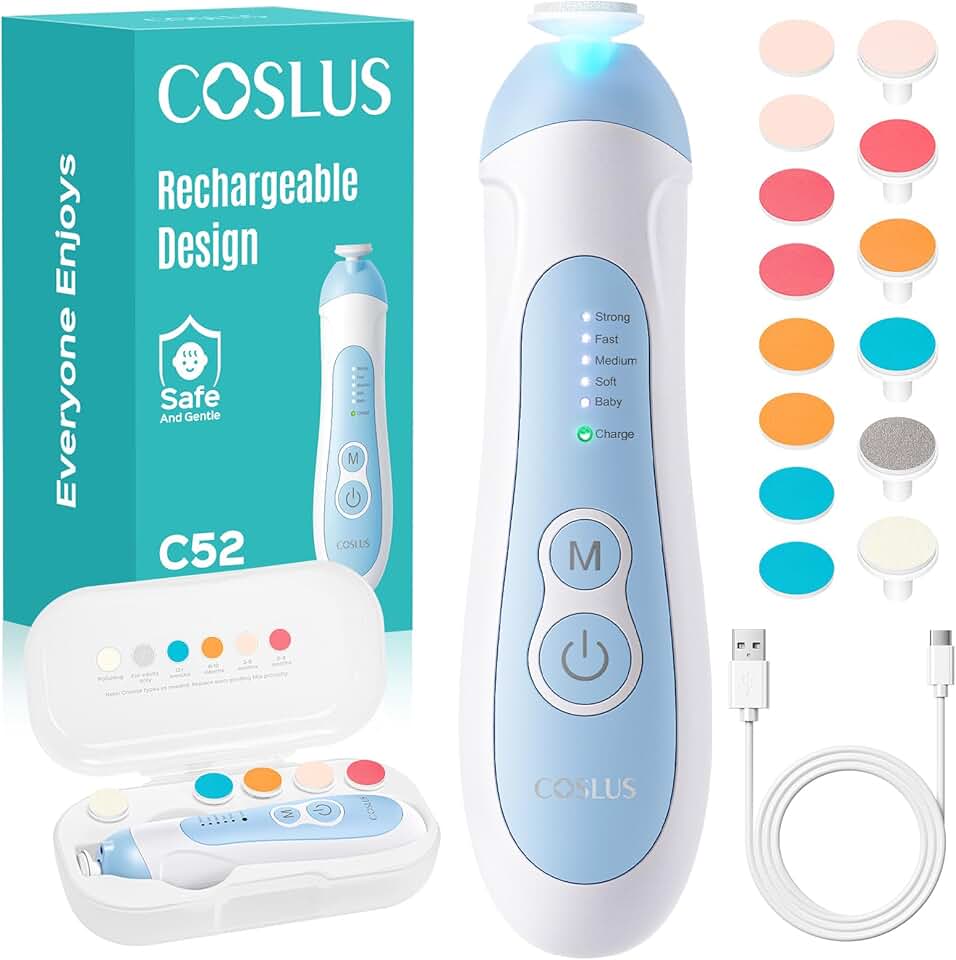 COSLUS C52 Rechargeable Baby Nail File: Cordless Baby Nail Trimmer Electric, Baby Nail Clipper with 5 Speeds & 6 Grinding Heads for Baby Kid, CPC Certified & Quiet Design - Safe for Sleep Trim, Blue Global Recycled Standard