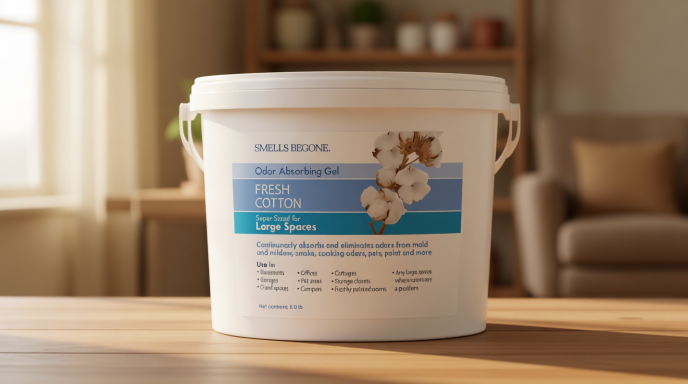SMELLS BEGONE 1-Gallon Gel Odor Eliminator – High-Capacity, Long-Lasting Odor Absorber for Large Basements, Garages, Workshops & Commercial Areas – Removes Odors with Essential Oils (Fresh Cotton)