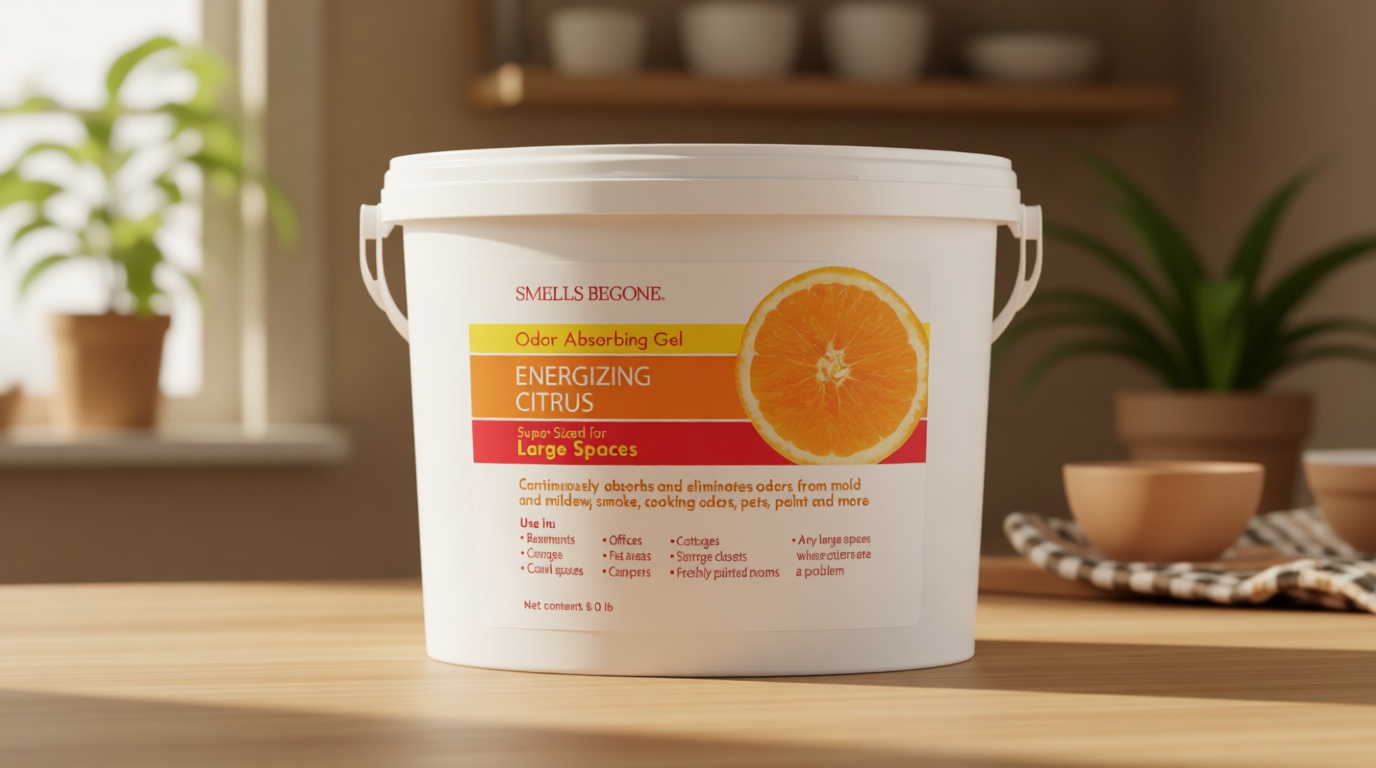 SMELLS BEGONE 1-Gallon Gel Odor Eliminator – High-Capacity, Long-Lasting Absorber for Large Basements, Garages, Workshops & Commercial Areas – Remove Tough Odor with Essential Oils (Energizing Citrus)