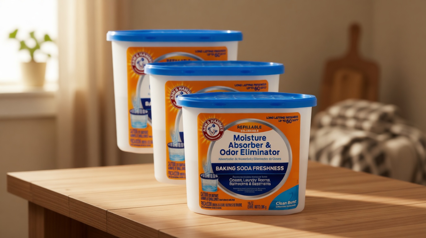 Arm & Hammer Clean Burst Moisture Absorber and Odor Eliminator Tubs, 14 oz., 3 Pack, Attract and Trap Excess Moisture, Eliminate Musty Odors, Convenient and Effective