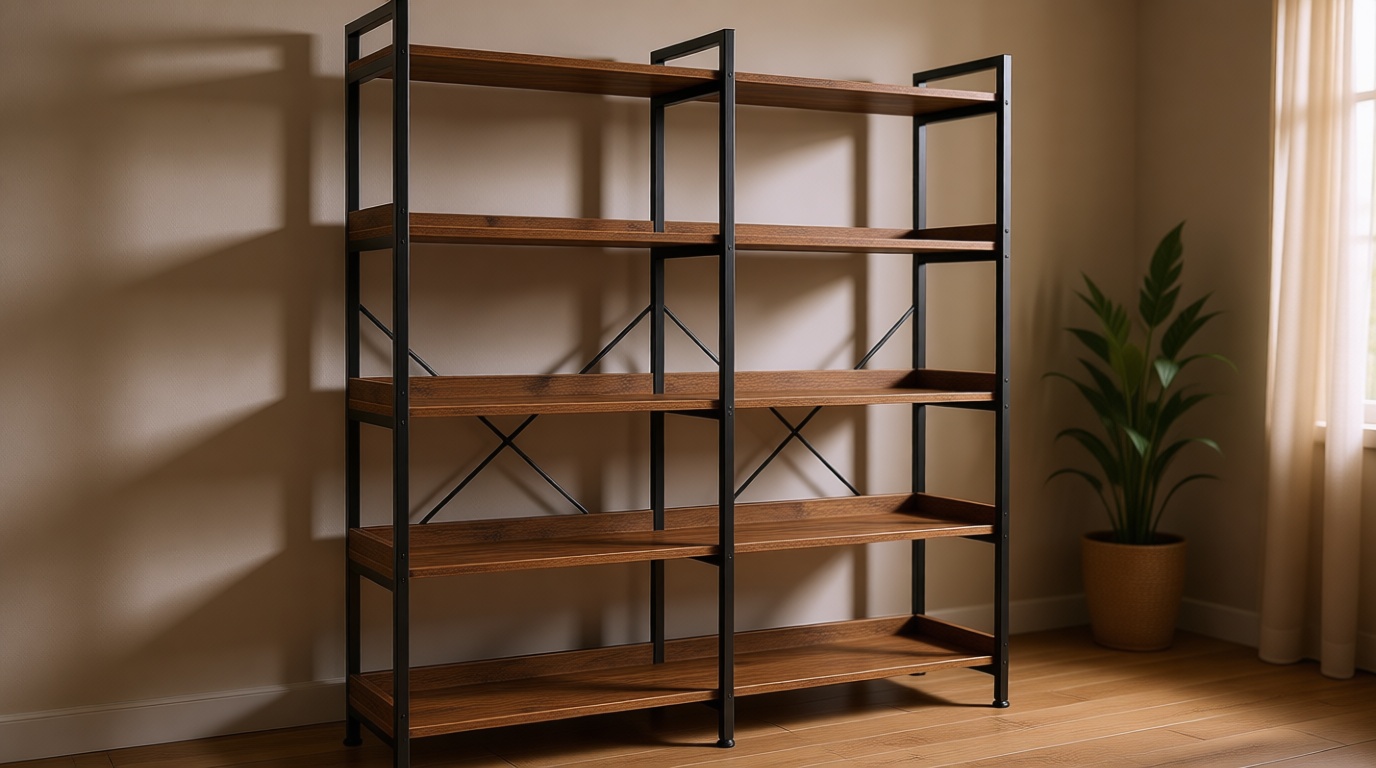 Huuger 5 Tier Bookshelf, Display Bookshelf with 10 Open Shelves and Raised Baffle, 47.2 Inch Straight Wide Bookcase with Metal Frame and Wooden Board, Adjustable Feet, Rustic Brown