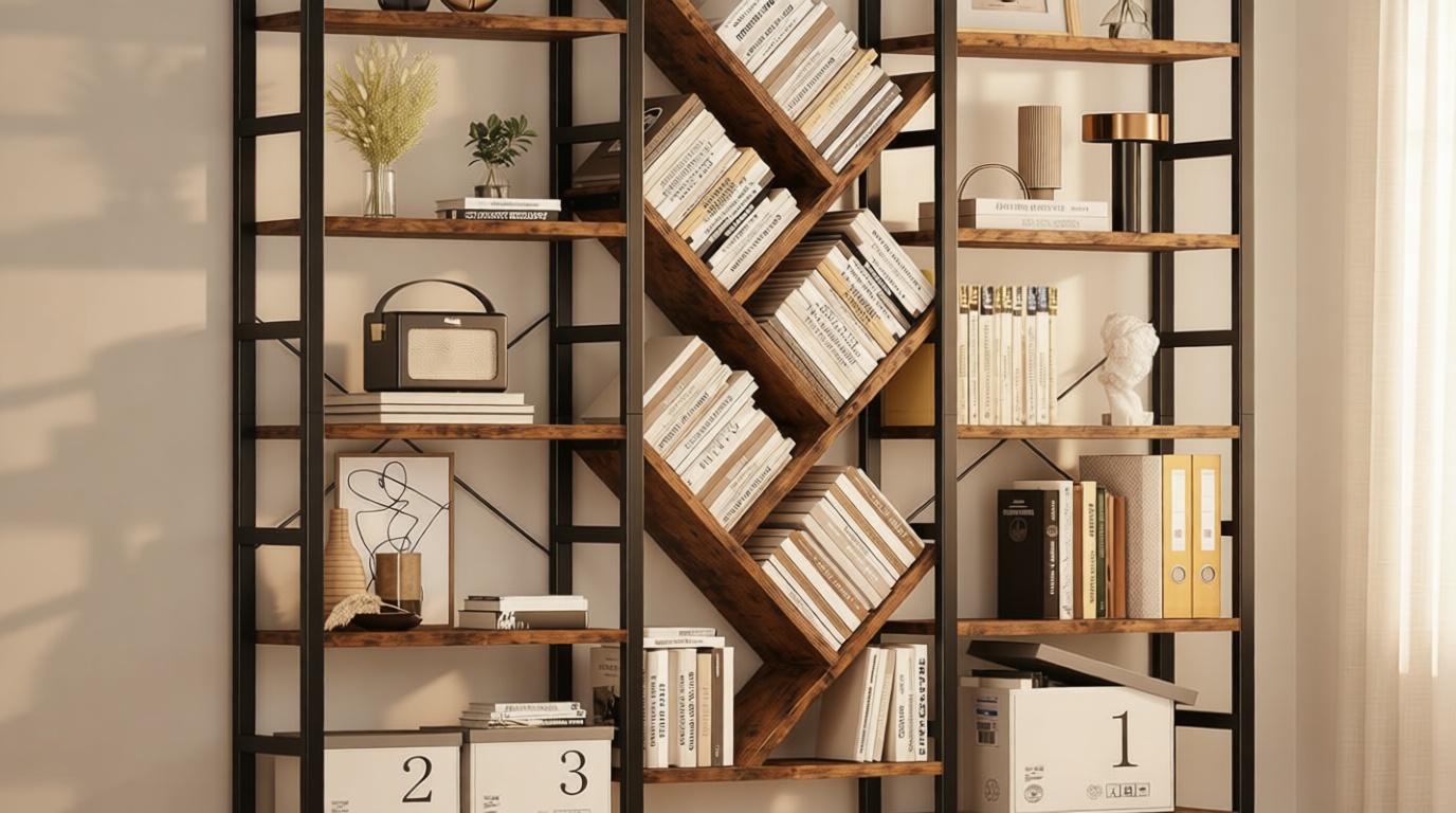 INNOD 70x70 Triple 5 Tier Book Shelf, Large Wooden Bookcase with 17 Open Display Shelf, Modern Tree Bookshelf Metal Frame Tall Book Case Furniture for Living Room Bedroom Home Office Rustic Brown