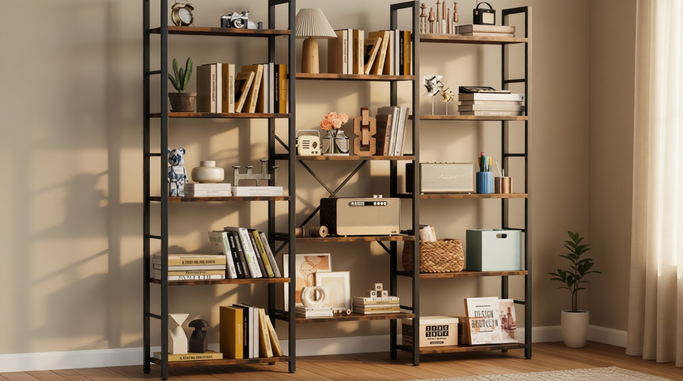 Shintenchi Triple 5 Tier Bookshelf, Industrial Large Bookcase with 14 Open Display Shelves, Large Etagere Bookshelf,Wide Book Shelf Book Case for Home & Office, Brown