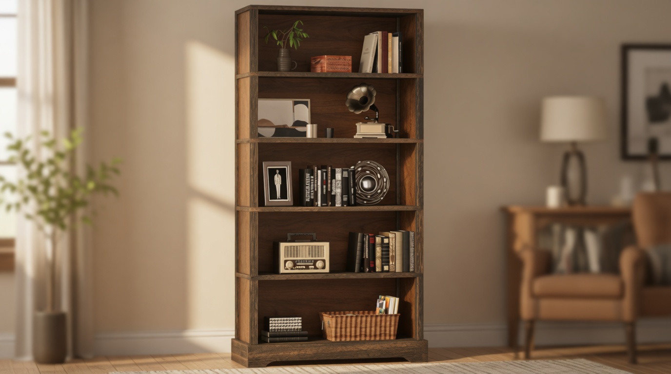 TVU 5-Tier Solid Wood Book Shelf, Floor Standing Bookcase, 65" H × 31.5" W × 11.8" D Bookshelf, Farmhouse Style Book Case with Arched Base, Suitable for Living Room, Study, Office, Walnut