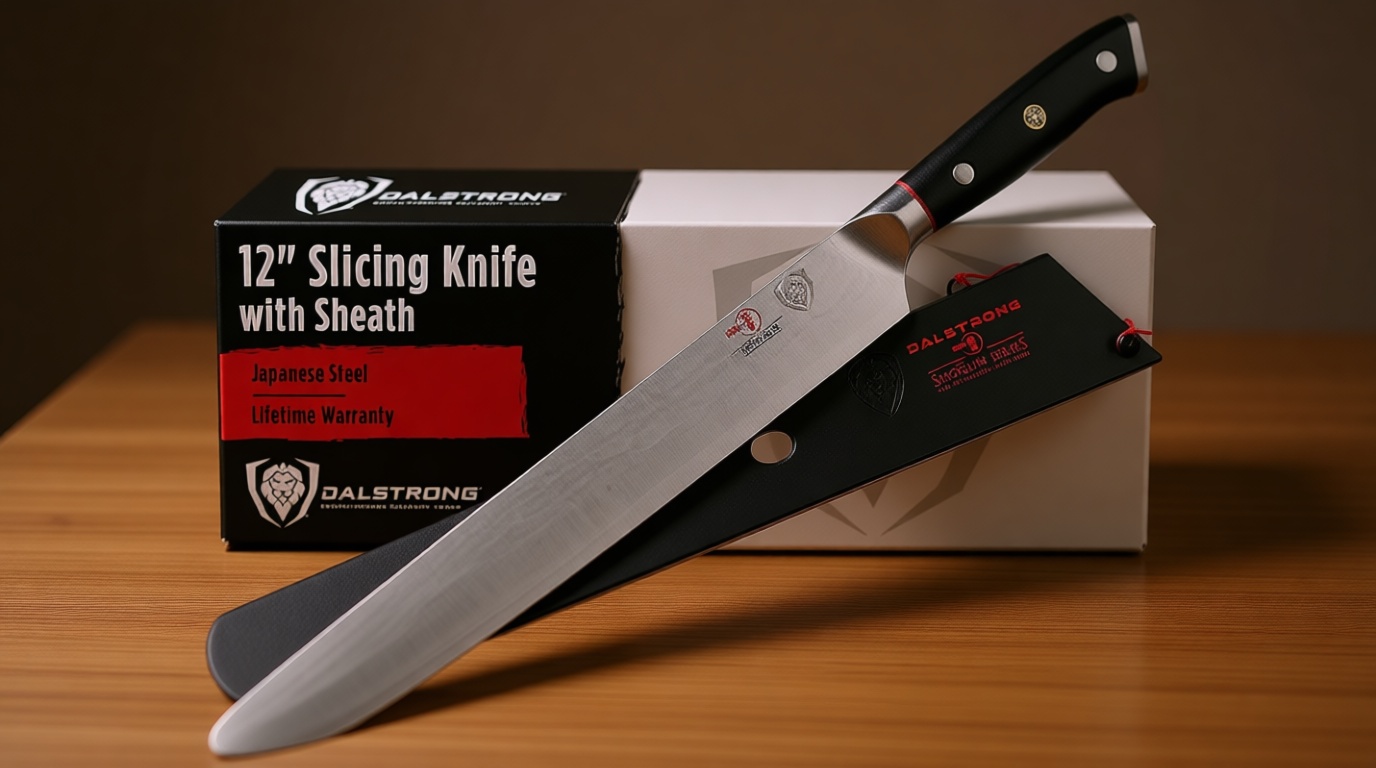 Dalstrong Carving Slicing Knife - 12 inch - Shogun Series ELITE - Granton Edge - Japanese AUS-10V Super Steel Kitchen Knife - Damascus - Vacuum Treated - Slicer Kitchen Knife - Sheath Included