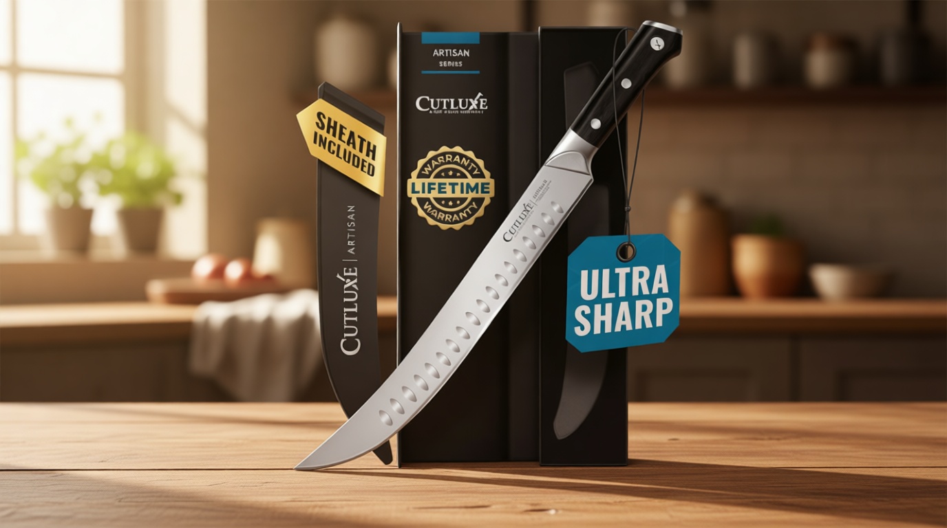 Cutluxe Butcher Knife – 10″ Cimeter Breaking Knife, Razor Sharp Forged High Carbon German Steel, Full Tang Meat Carving Knife, Ergonomic Handle Design, Grilling Gifts for Men – Artisan Series ClimatePartner certified The Forest Stewardship Council