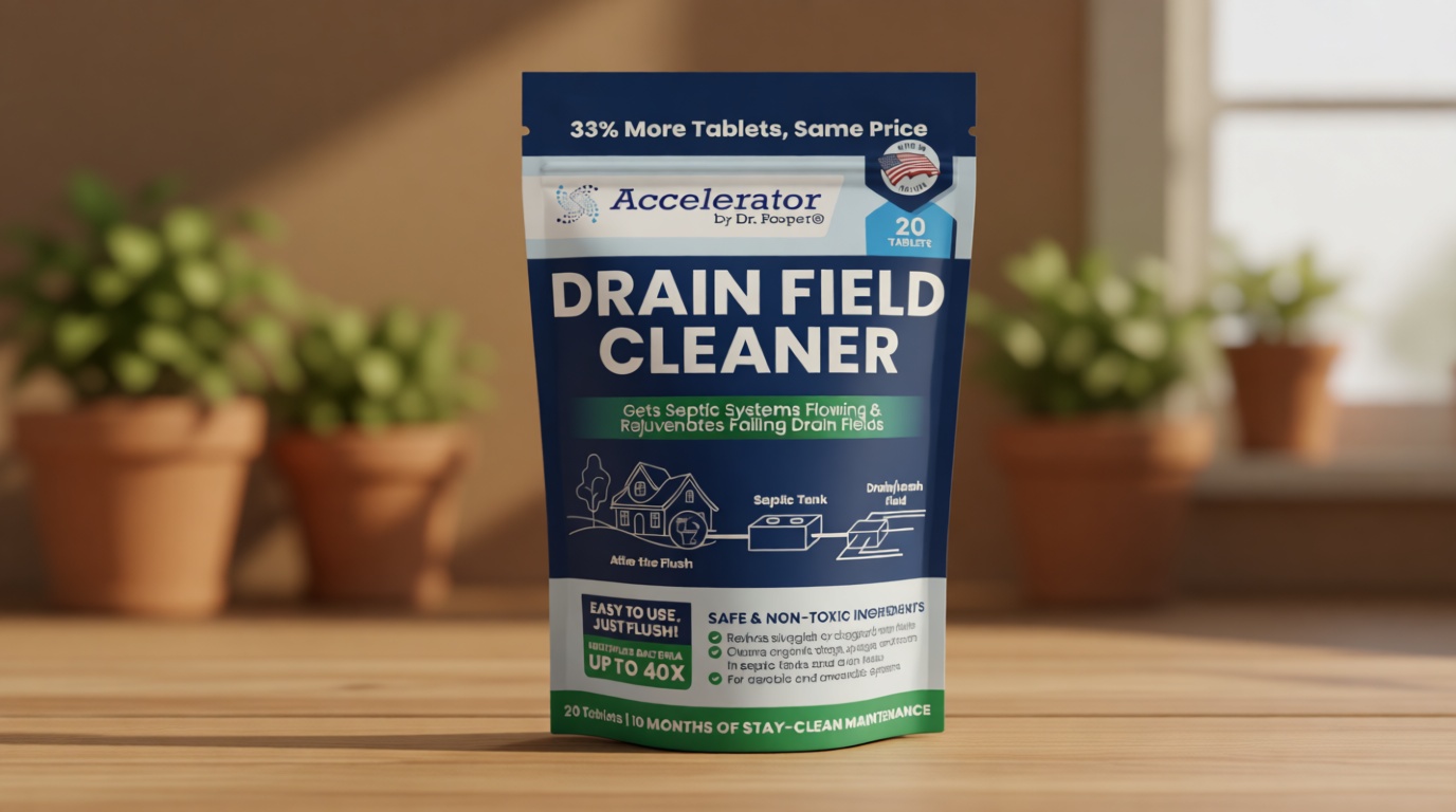 Accelerator by Dr. Pooper Drain Field Cleaner Tablets (20 Count) - Septic Tank Treatment for Clogs, Odor & Sludge - 90% Less Plastic - 10 Month Supply - Aerobic & Anaerobic Systems - Easy Flush