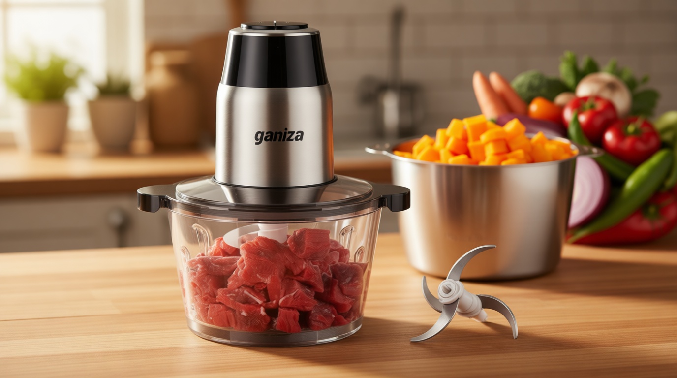 GANIZA Food Processors, Electric Food Chopper with Meat Grinder & Vegetable Chopper - 2 Bowls (8 Cup+8 Cup) with Powerful 450W Copper Motor - Includes 2 Sets of Bi-Level Blades for Fruits/Meat/Nuts ClimeCo Certified