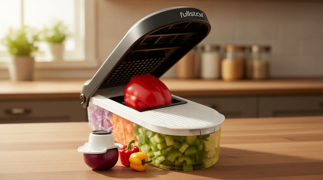 Fullstar Mandoline Slicer for Kitchen - Vegetable Chopper, Onion Potato Food Veggie Fruit Slicer and Cutter with Container, Kitchen Gadgets & Gifts, Home Essentials (6-in-1, White/Black)