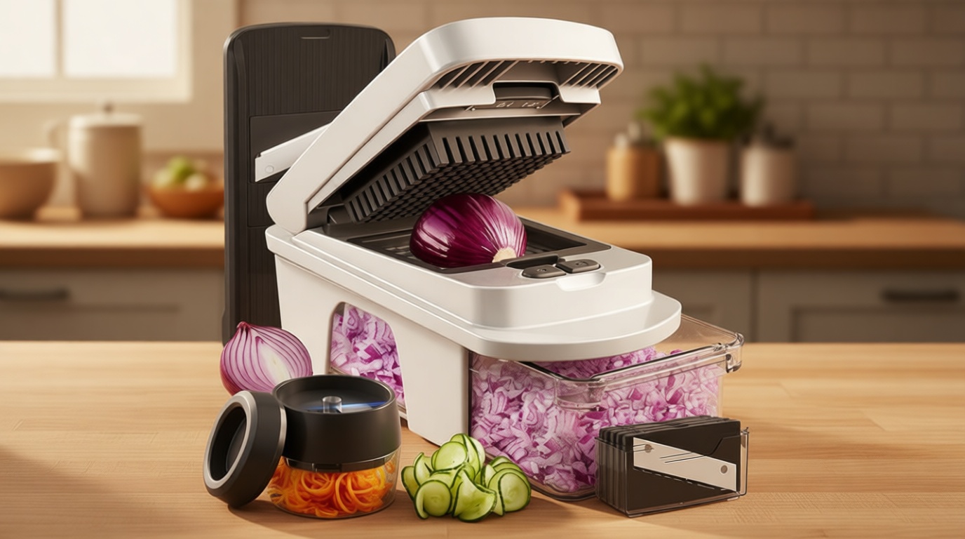 Mueller Pro-Series All-in-One, 12 Blade Mandoline Slicer for Kitchen, Food Chopper, Vegetable Slicer and Spiralizer, Cutter, Dicer, Grater, Kitchen Gadgets Sets with Container, White Sand/Gray