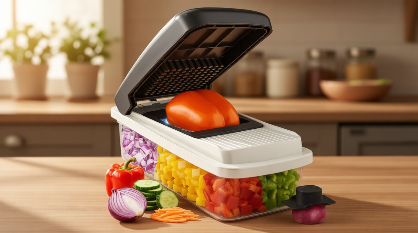 Mueller Vegetable Chopper Mandoline Slicer, Food Veggie Chopper, Cheese Grater, Onion Vegetable Cutter with Container, Dicer, Kitchen Gadgets & Essentials, White Sand/Grey