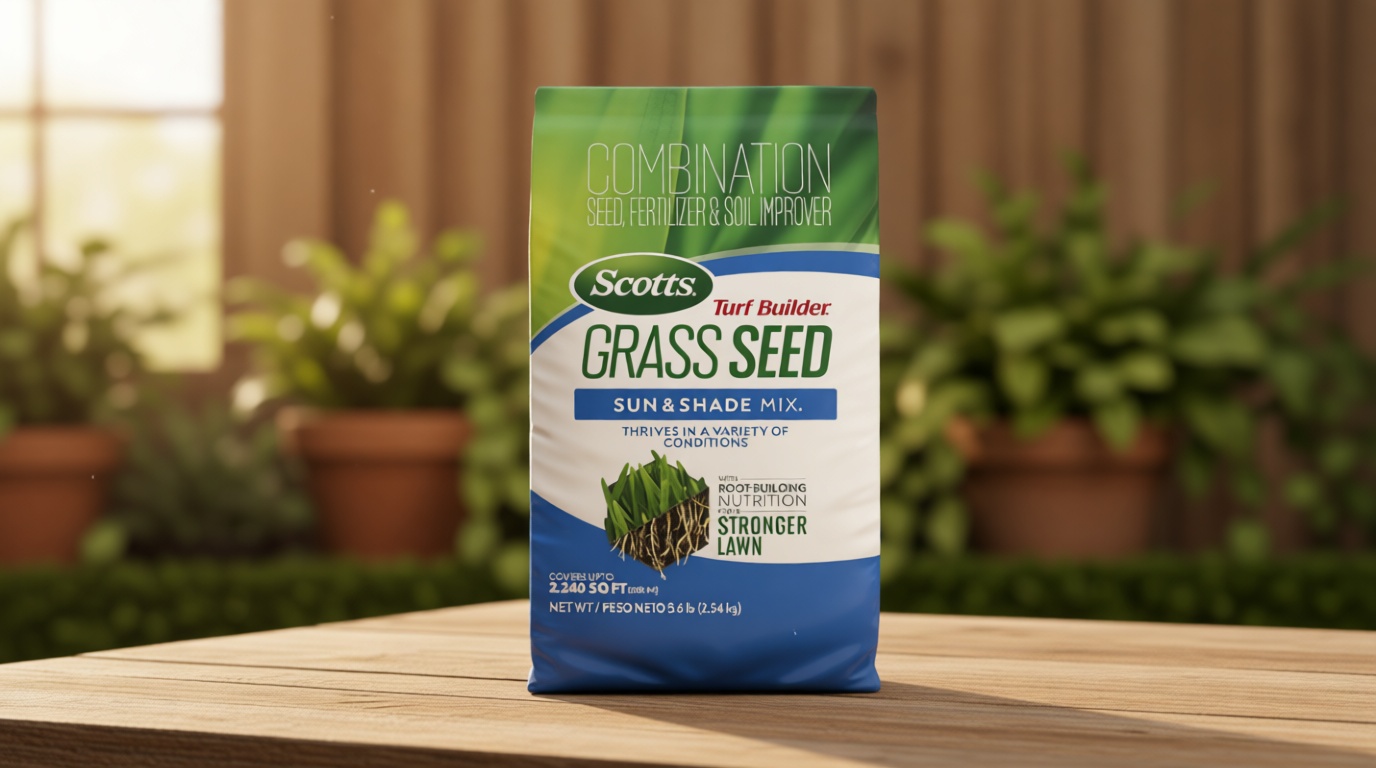 Scotts Turf Builder Grass Seed Sun and Shade Mix - Grass Seed Plus Lawn Fertilizer and Soil Improver, Covers Up to 2,240 sq. ft., 5.6 lb.