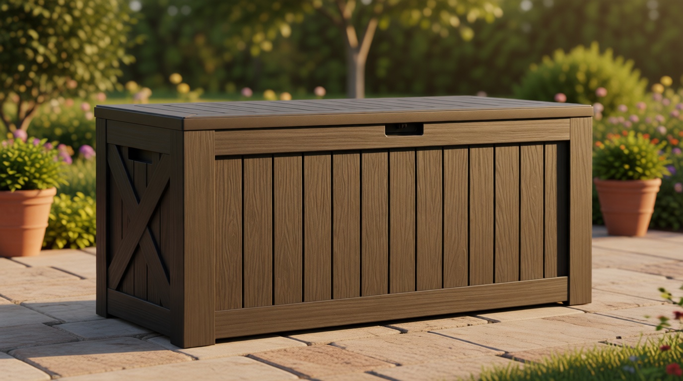 Flamaker Resin Deck Box 120 Gallon Waterproof Large Outdoor Indoor Storage Box Imitation Wood Resin for Patio Furniture Garden Tools and Pool (Black)