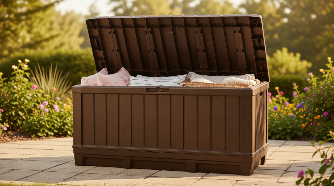 Keter Kentwood 92 Gallon Resin Deck Box-Organization and Storage for Patio Furniture Outdoor Cushions, Throw Pillows, Garden Tools and Pool Floats, Brown