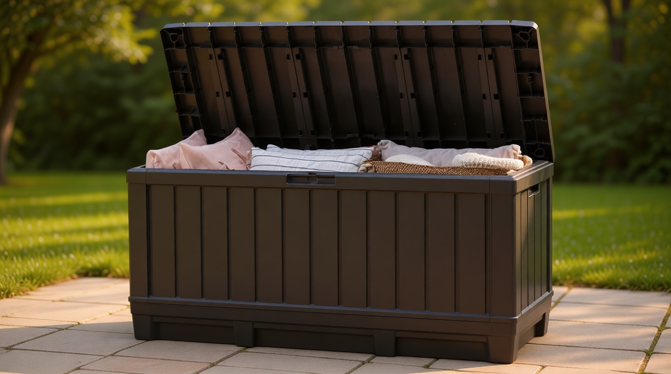 Keter Kentwood 92 Gallon Resin Deck Box-Organization and Storage for Patio Furniture Outdoor Cushions, Throw Pillows, Garden Tools and Pool Floats, Dark Grey