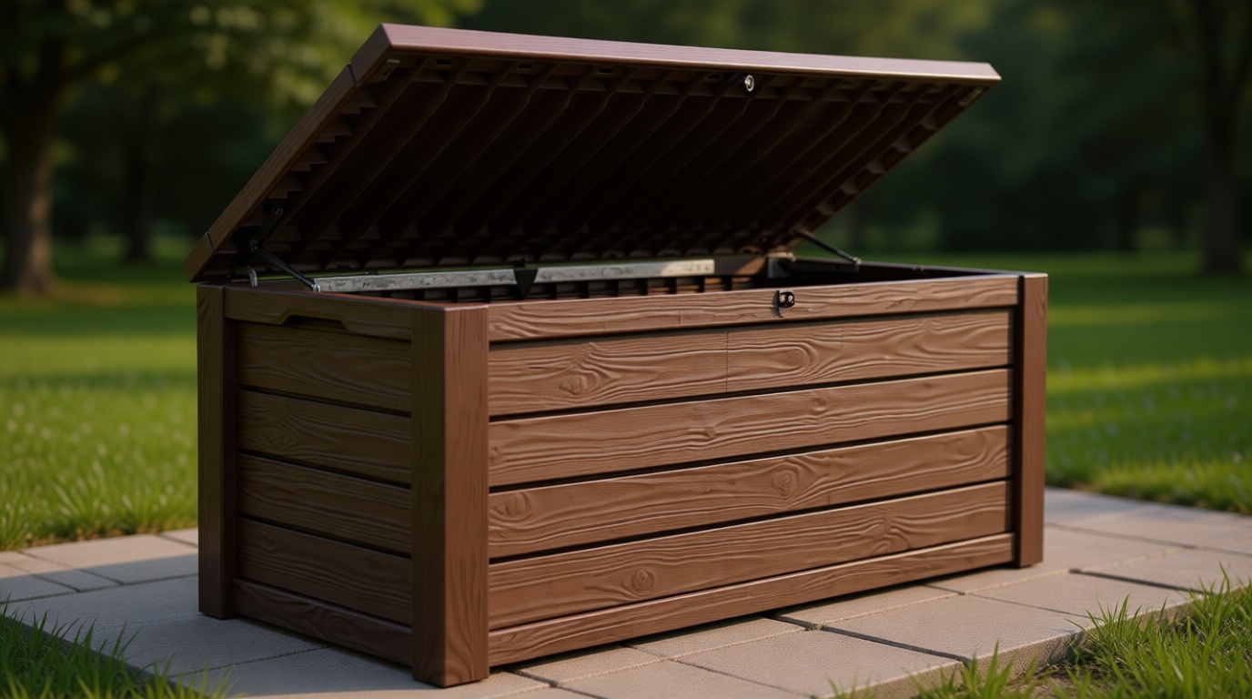Keter Westwood 150 Gallon Deck Box Organizer, Doubles as 2-Person Bench Seat, Brown – Large Resin Outdoor Storage and Seating with Lockable Lid for Garden, Pool, and Patio