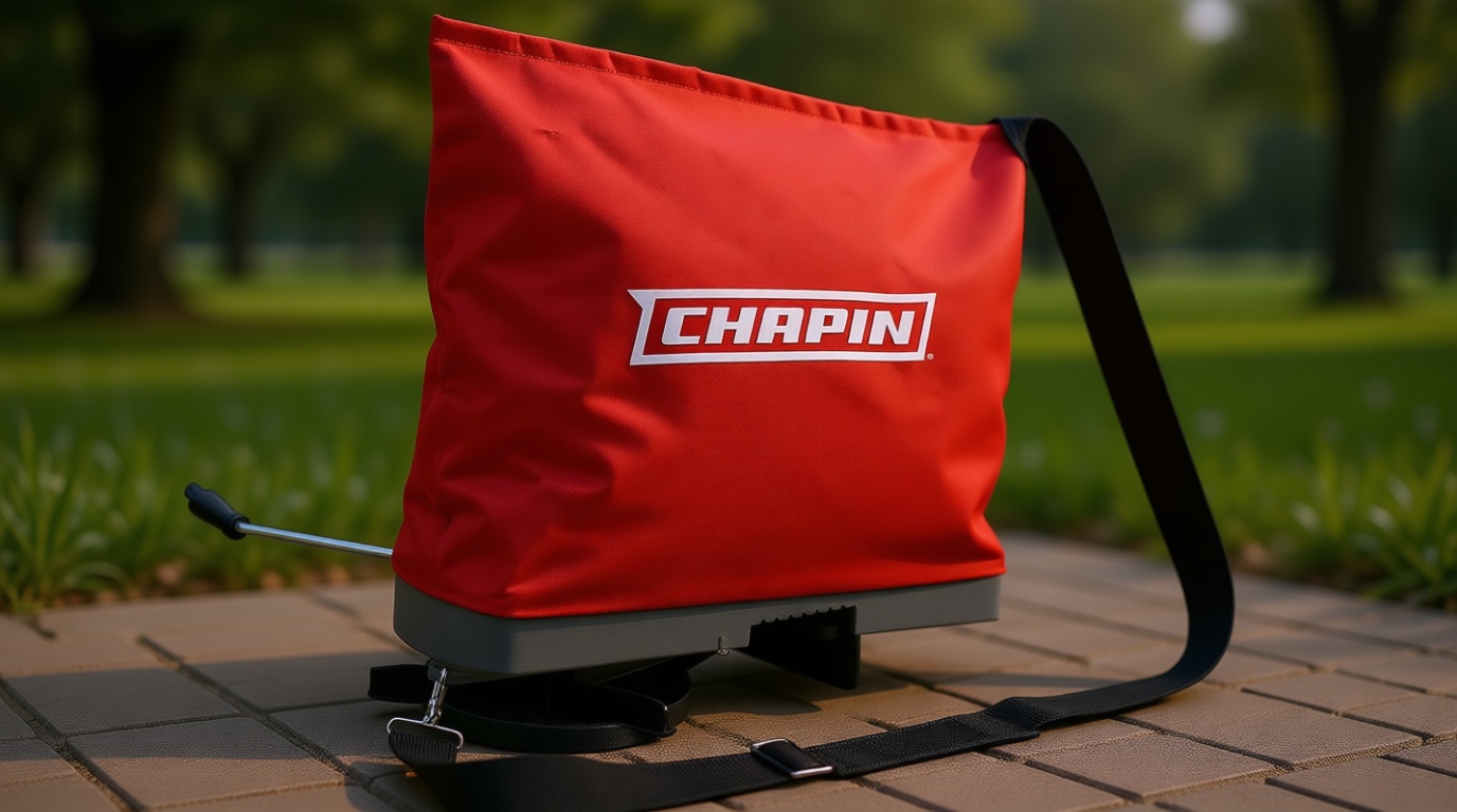 Chapin 84700A 25-Pound Professional Handheld Bag Seed spreader with Waterproof Bag, Enclosed Gears, Rear Baffle, Adjustable Shoulder Strap and Multiple Spread Options, Red