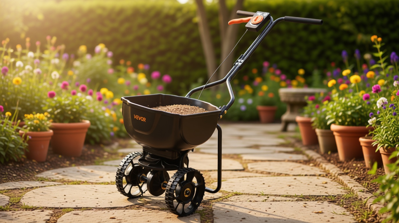 VEVOR Broadcast Spreader, 9.8ft Spreading Width, Push Broadcast Spreader with 10" All-Terrain Tires, Adjustable Flow Control, 15lbs Capacity Hopper, Lawn Spreaders for Fertilizer Seed Small Home Use