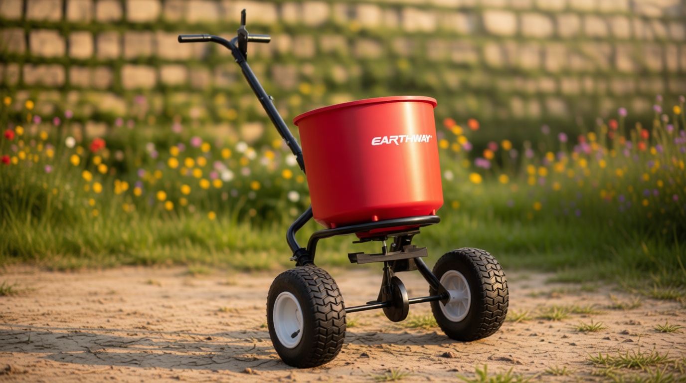 EarthWay 2600A-PLUS Fertilizer Spreader, 40lb Hopper Capacity, Red, Durable, All Terrain Pneumatic Tires, Rust-Proof Polypropylene, Epoxy Coated Steel Frame