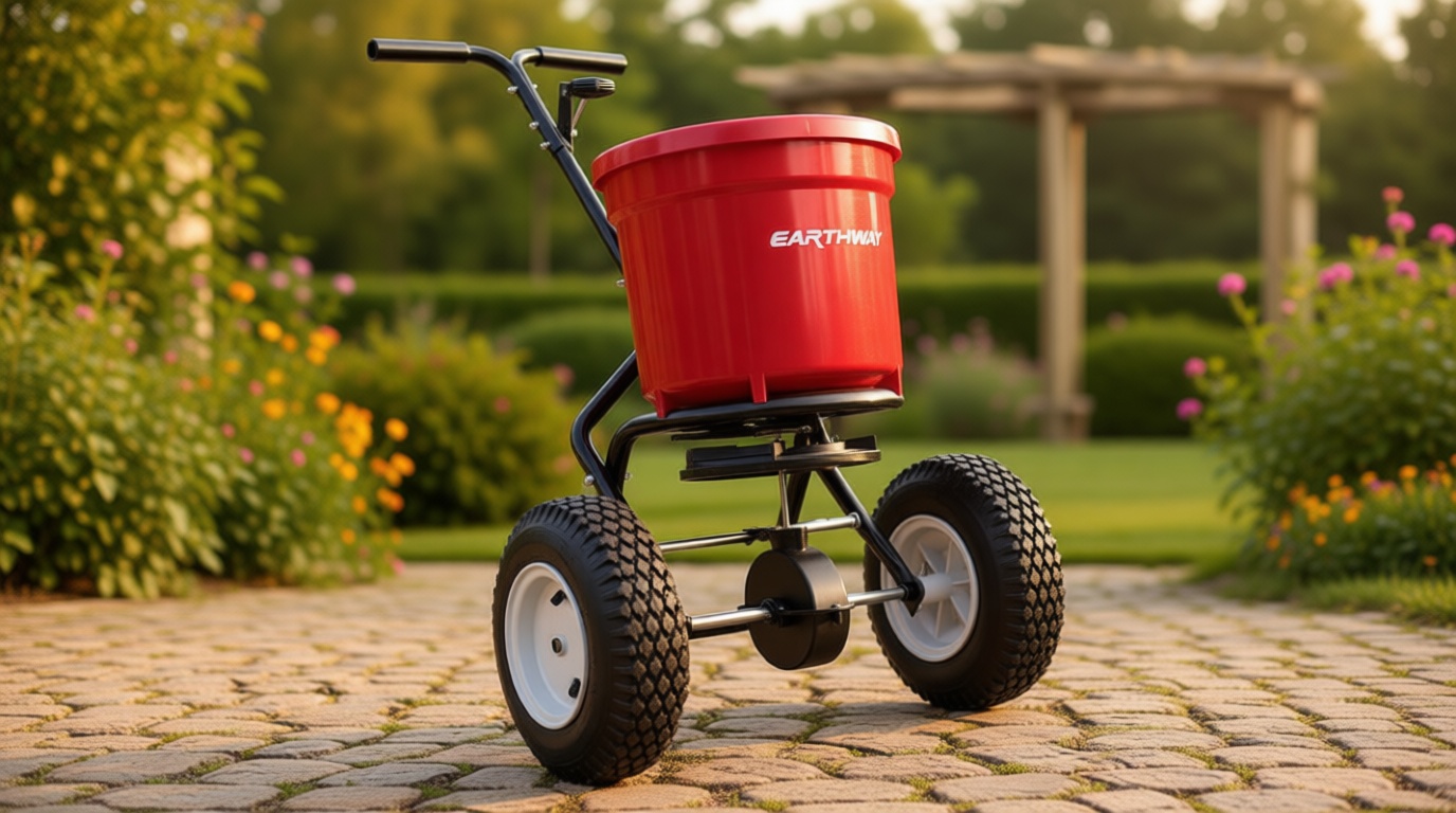 EarthWay 2150 Commercial 50 LB Broadcast Fertilizer Spreader. Heavy-Duty Walk-Behind Push Garden Seeder with Adjustable Drop Rate and Driving Handle. Large 13 inch Pneumatic Stud Tires