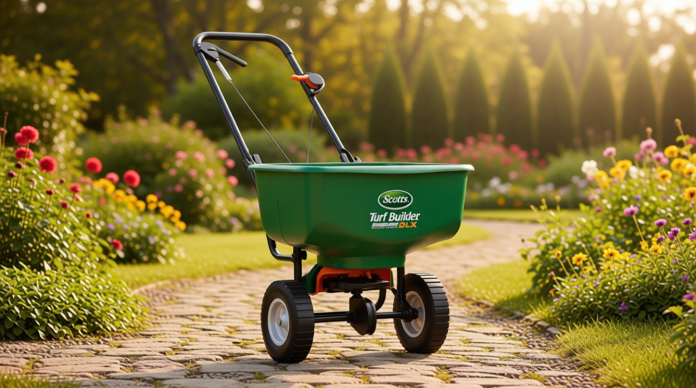Scotts Turf Builder EdgeGuard DLX Broadcast Spreader - Spreader For Lawn Fertilizer, Weed & Insect Control, Grass Seed, and Ice Melt, Holds Up To 15,000 sq. ft. of Product
