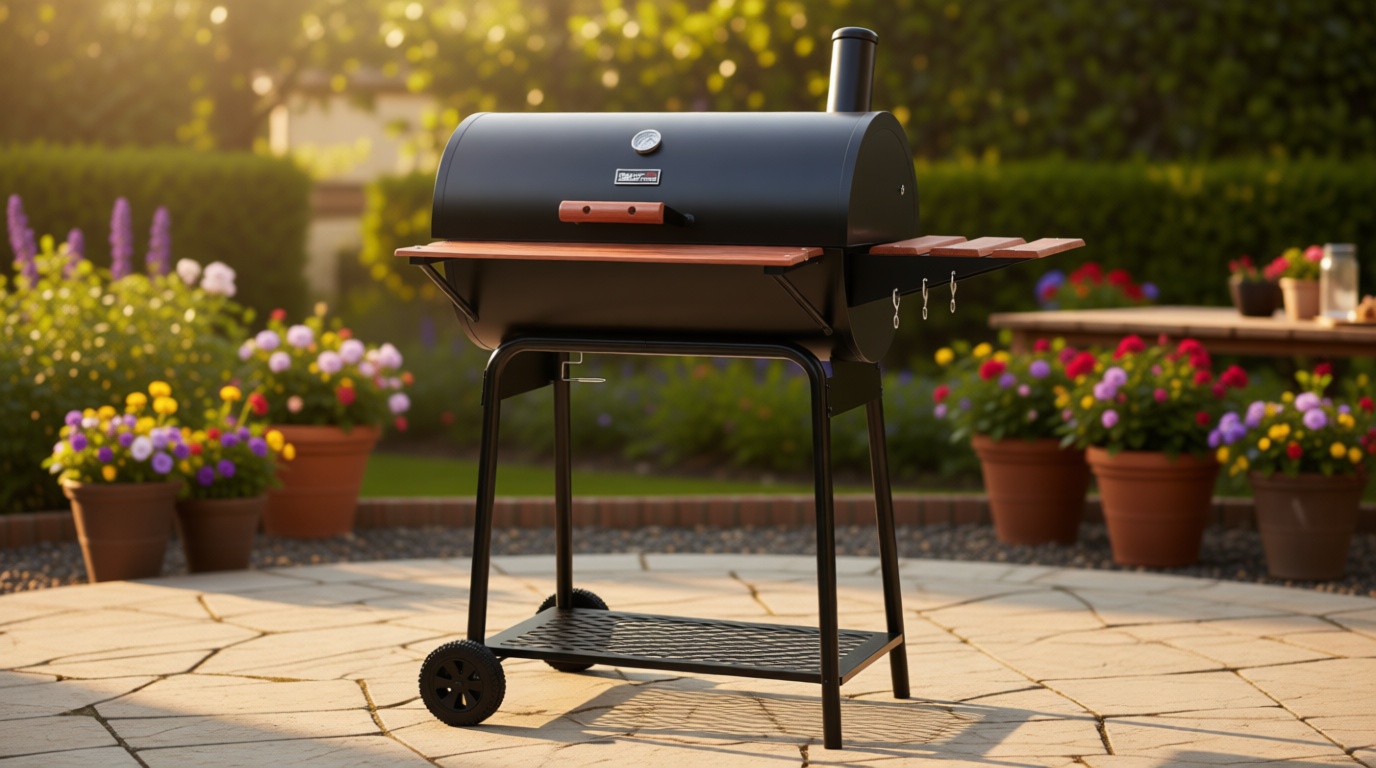 Royal Gourmet CC1830V 30 Barrel Charcoal Grill with Wood-Painted Side Front Table, 627 Square Inches Cooking Space, for Outdoor Backyard, Patio and Parties, Black