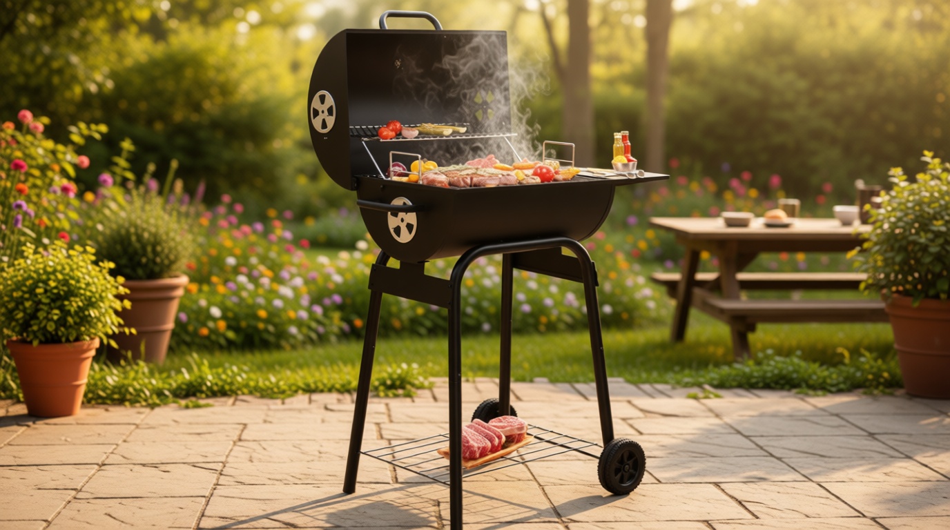 VINGLI Barrel Charcoal Grill with Side Table, BBQ Grill Outdoor Smoker Grill with Wheels for Party Garden Patio and Backyard Cooking 33.9"D x 20.5"W x 40.6"H