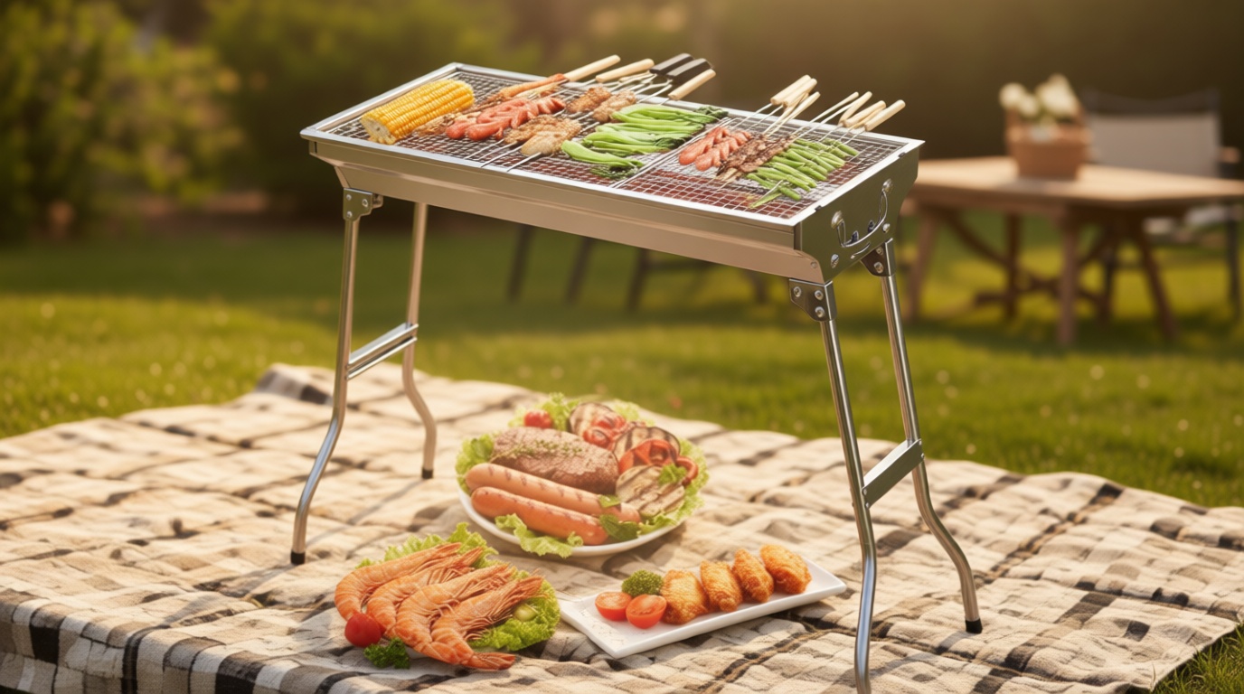 Barbecue Charcoal Grill Stainless Steel Folding Portable BBQ Tool Kits for Outdoor Cooking Camping Hiking Picnics Tailgating Backpacking or Any Outdoor Event (Large)