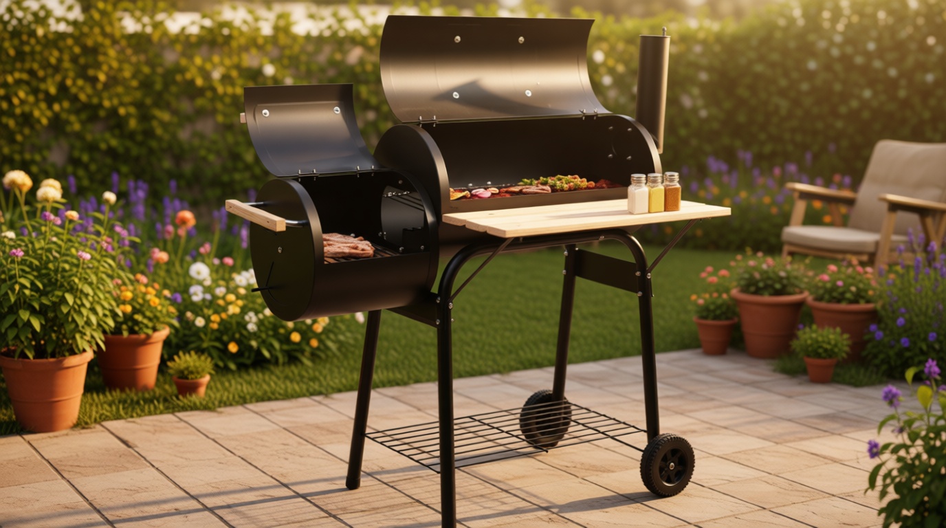 Outvita BBQ Charcoal Grill, Outdoor Patio Barbecue Cooker with Offset Smoker, Wheels and Tray for Balcony Picnics, Party and Camping