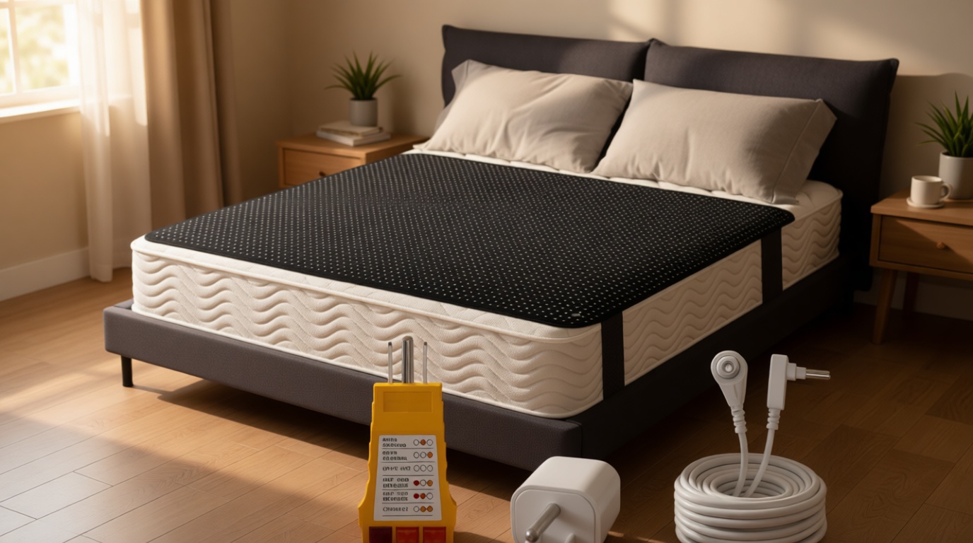 Grounding Mat for Bed, Conductive Carbon Fiber PU Leather Grounding Mattress Pad 54"x78" with Outlet Tester,Adapter,Cord