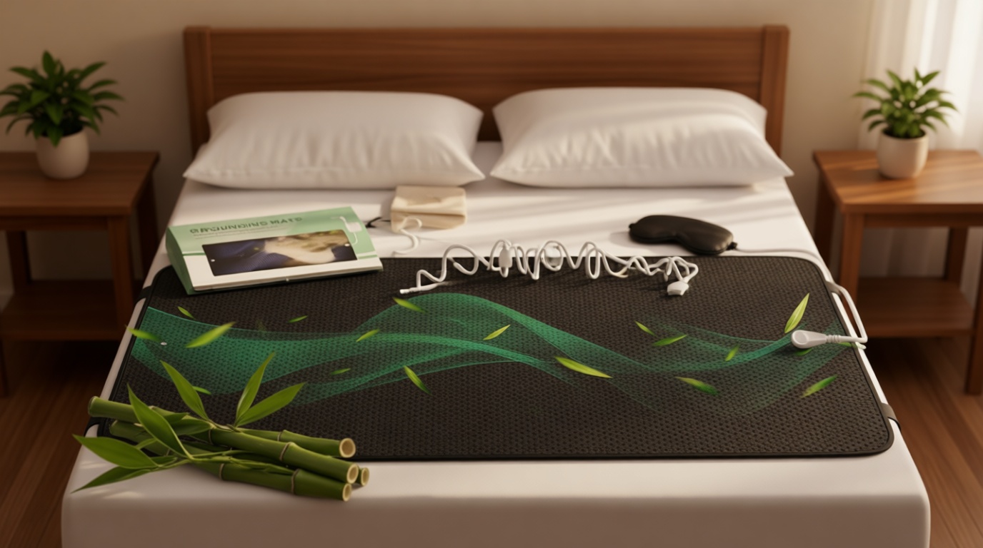 Grounding Mat for Bed with Leather, Improve Sleep, Relieve Stress & Pain, Anti-Slip & Eco-Friendly PU Leather, Includes Grounding Cord & Sleep Mask for Enhanced Rest Magnetic Therapy