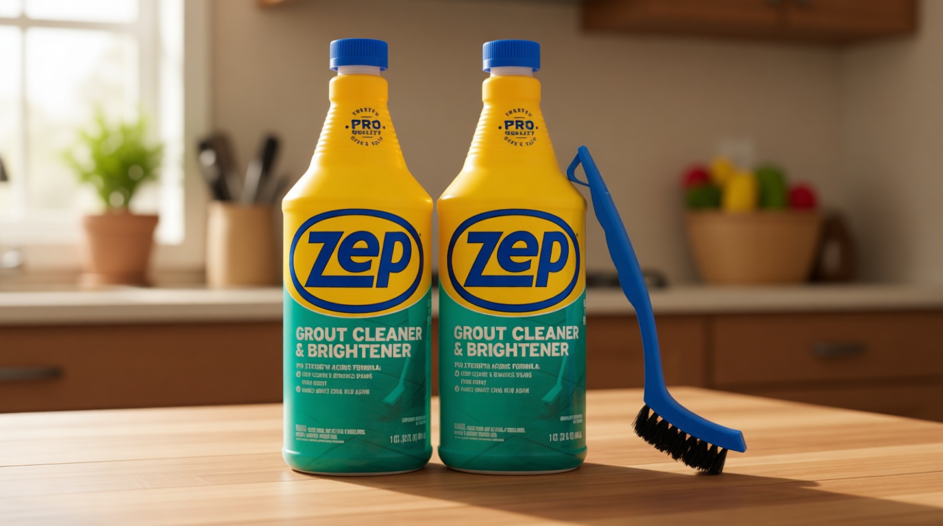 Zep Grout Cleaner and Brightener and Easy to Use Handheld Brush - 32 oz (Case of 2) - ZU104632 - Deep Cleaning Formula Removes Old Stains From Grout