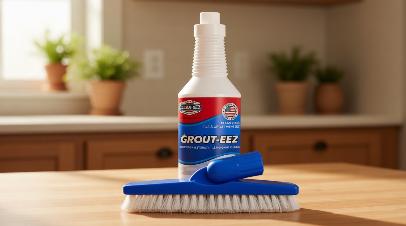 Clean-eez Grout-eez Tile Cleaner with Stand-Up Brush Head – 32 oz Heavy-Duty Stain Remover for Ceramic and Porcelain Floors – Safe for Colored Grout – Not for Natural Stone – Pole Not Included