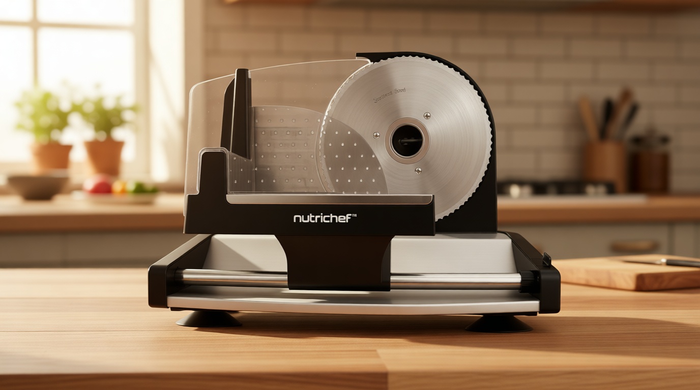 Nutrichef Electric Meat Slicer | 200W Automatic Meat, Deli & Bread Slicer | Adjustable Dial for 0-15mm Cutting Range Thickness | Removable 7.5 IN Stainless Steel Blade & Food Pusher for Safety (Black)