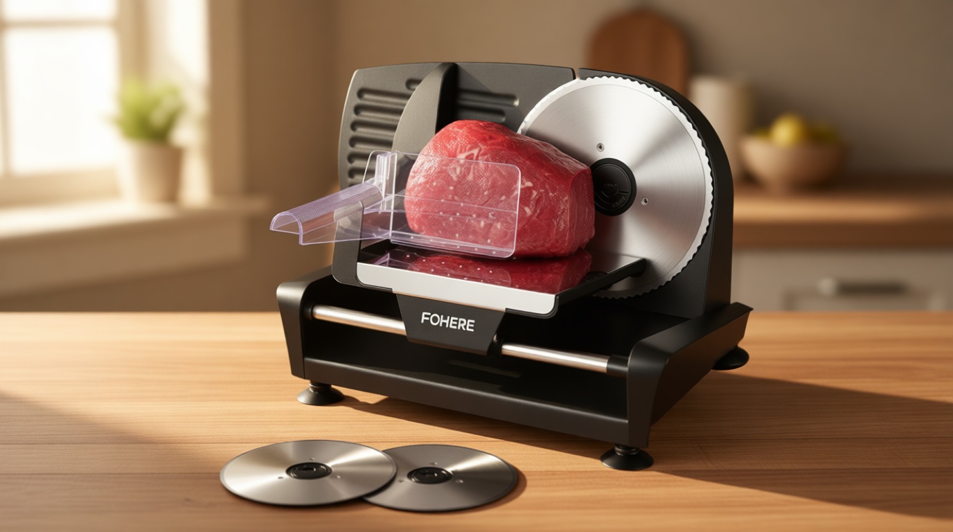 FOHERE Electric Meat Slicer 200W Deli Slicer for Home with Removable Two 7.5” Blades, 0-15mm Precision Thickness Adjustment Knob Cut Deli Food, Meat Ham Bread Fruit, Include Food Carriage, Black