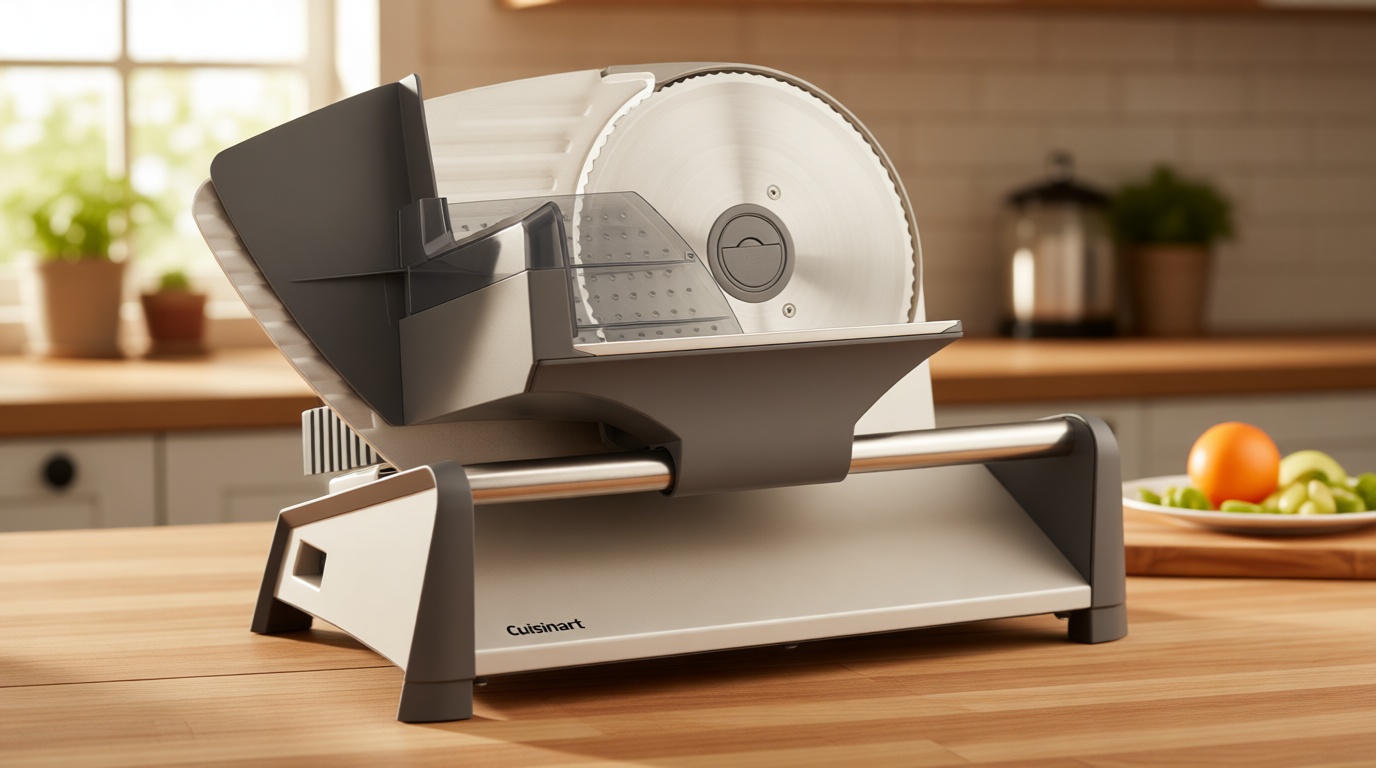 Cuisinart Kitchen Pro Food Slicer, Meat Slicer with Slice Control Knob Adjusts from 1/32" to 1/2" to Slice Bread, Roasts, and Firm Cheeses, Removable 7.5" Stainless Steel Cutting Blade, FS-75, Gray