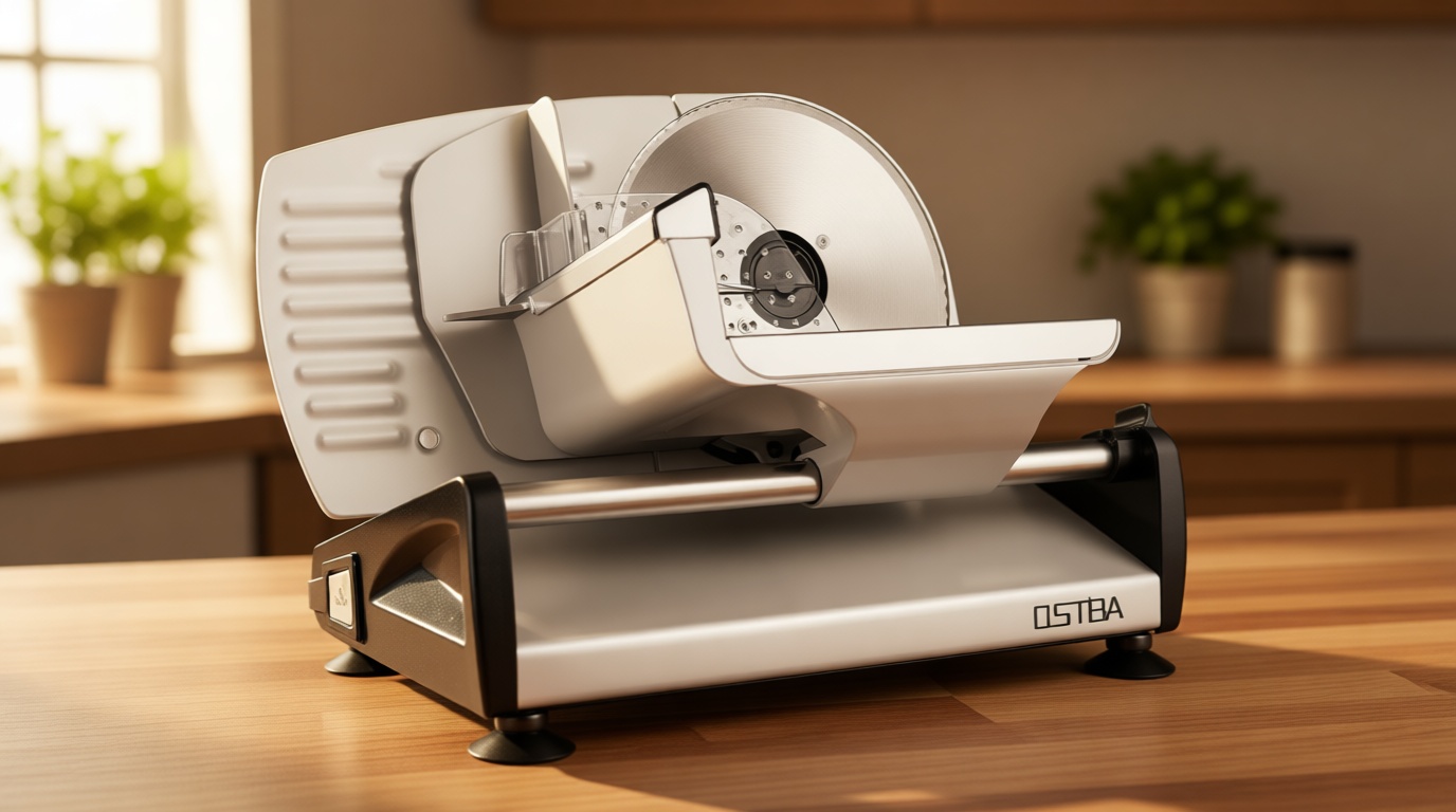 OSTBA Electric Deli Meat Slicer, 200W Food Slicer with 0-15mm Adjustable Thickness, 7.5” Removable Stainless Steel Blade & Food Carriage, Child Safety Lock, Easy to Clean - For Home Use ISCC PLUS