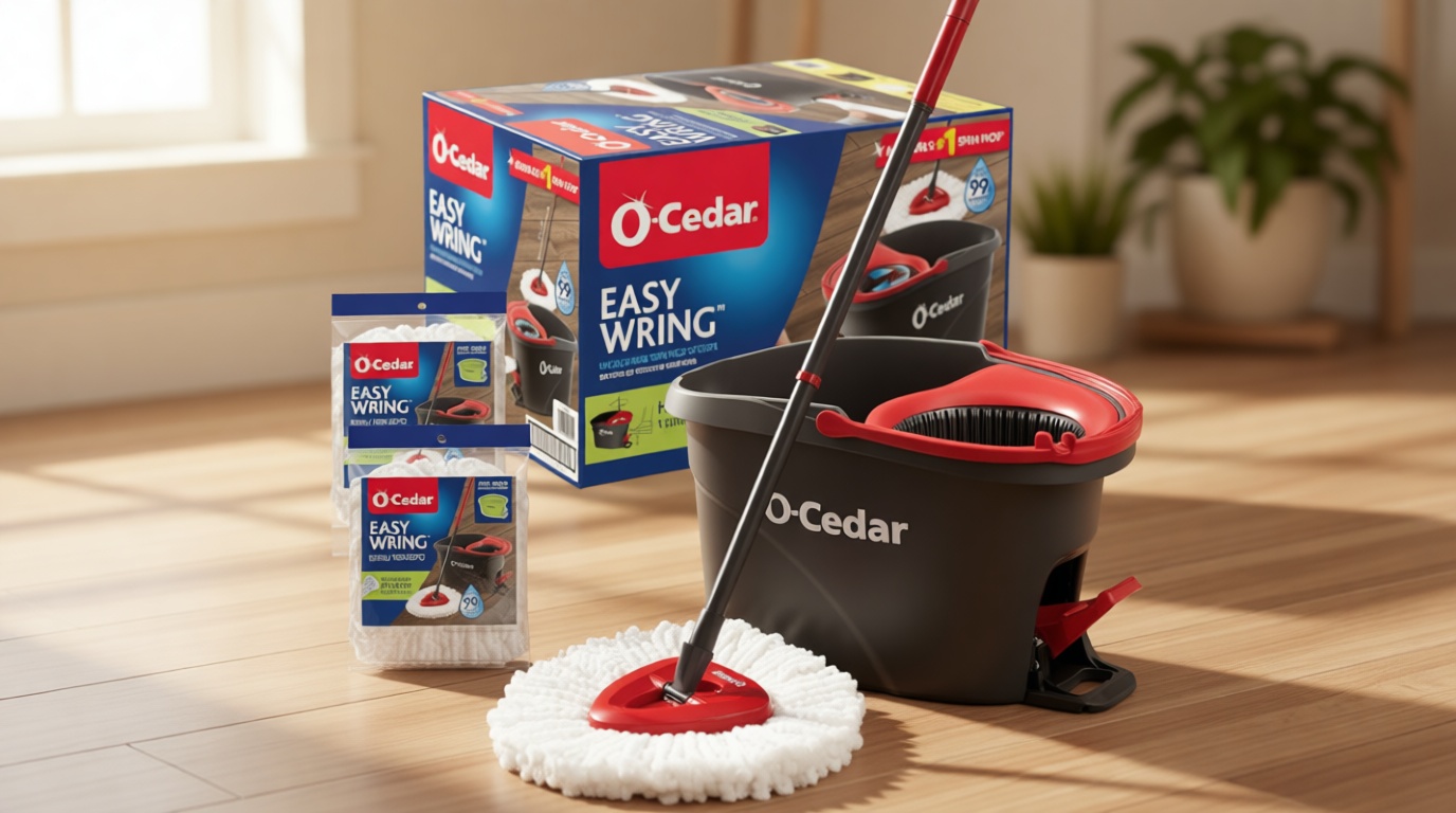O-Cedar EasyWring Microfiber Spin Mop & Bucket Floor Cleaning System + 2 Extra Refills, Red/Gray