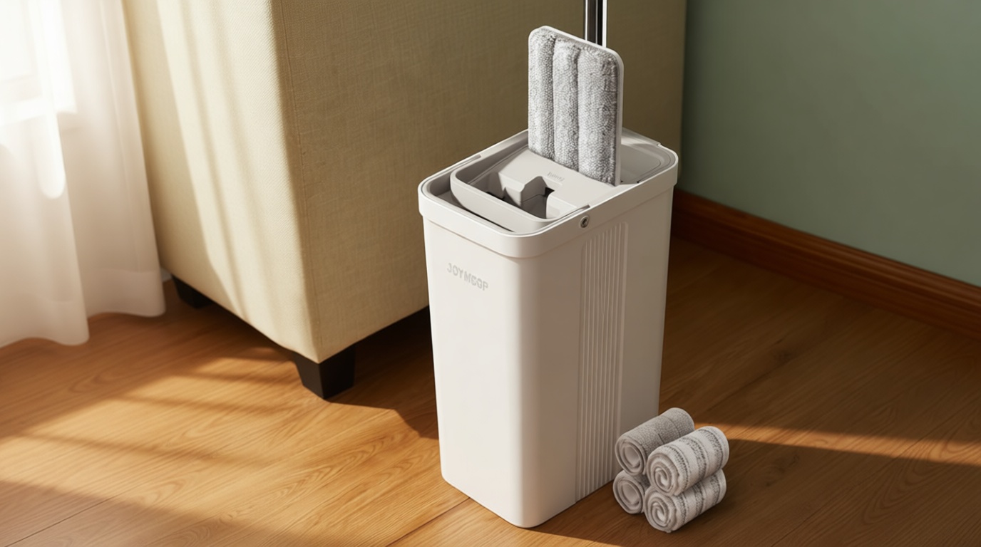 JOYMOOP Mop and Bucket Set with Wringer, Flat Mops for Floor Cleaning, Wall Mop Cleaner with Long Handle, Hardwood Floor Mop with 4 Microfiber Pads
