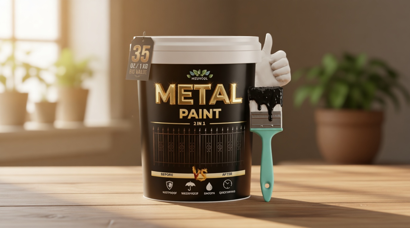 Meuvcol Metal Paint, 35 Fl oz Rust Preventive & Weatherproof Protective Coating, Black Paint for Metal Surfaces, Water-Based Matte Interior/Exterior Paint for Railings, Fences, Gates & Furniture