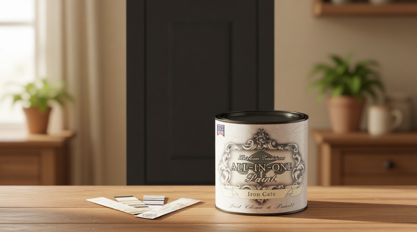 ALL-IN-ONE Paint by Heirloom Traditions, Iron Gate (Black), Quart - Durable cabinet and furniture paint. Built in primer and top coat, no sanding needed. Includes our 30 featured color card.