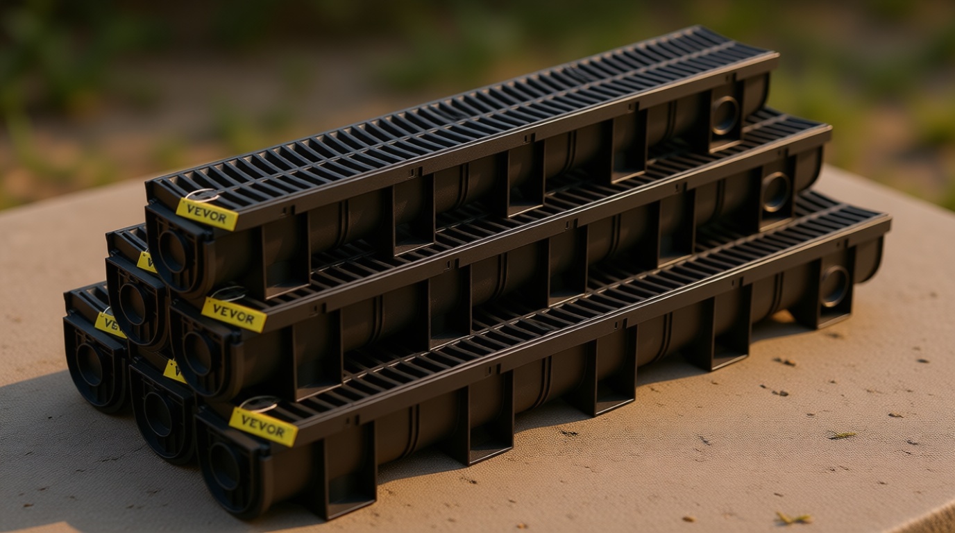 VEVOR Trench Drain System with Plastic Grate, 5.9x5.1-Inch HDPE Channel Drainage for Garden, Driveway - 6 Pack