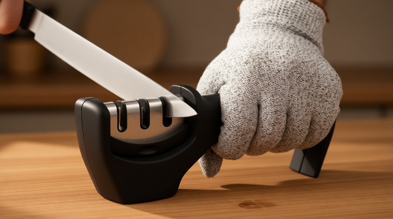 4-in-1 Kitchen Knife Accessories: 3-Stage Knife Sharpener Helps Repair, Restore, Polish Blades and Cut-Resistant Glove (Black)