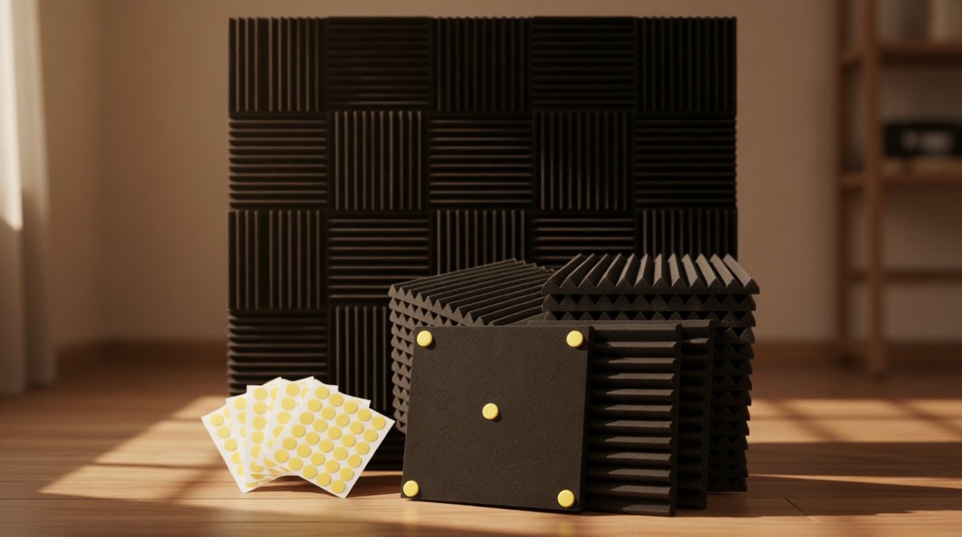 Focusound 52 Pack Acoustic Foam Panels 1" x 12" x 12" Sound Proof Foam Panles Soundproofing Noise Cancelling Wedge Panels for Home Office Recoding Studio with 300PCS Double-Side Adhesive