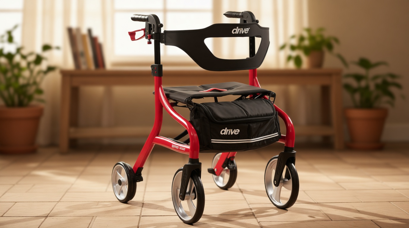 Drive Medical Nitro Sprint Foldable Rollator Walker with Seat - Lightweight Support - Large Wheels - Compact Folding Design - Adjustable Comfort - Standard Size - Red