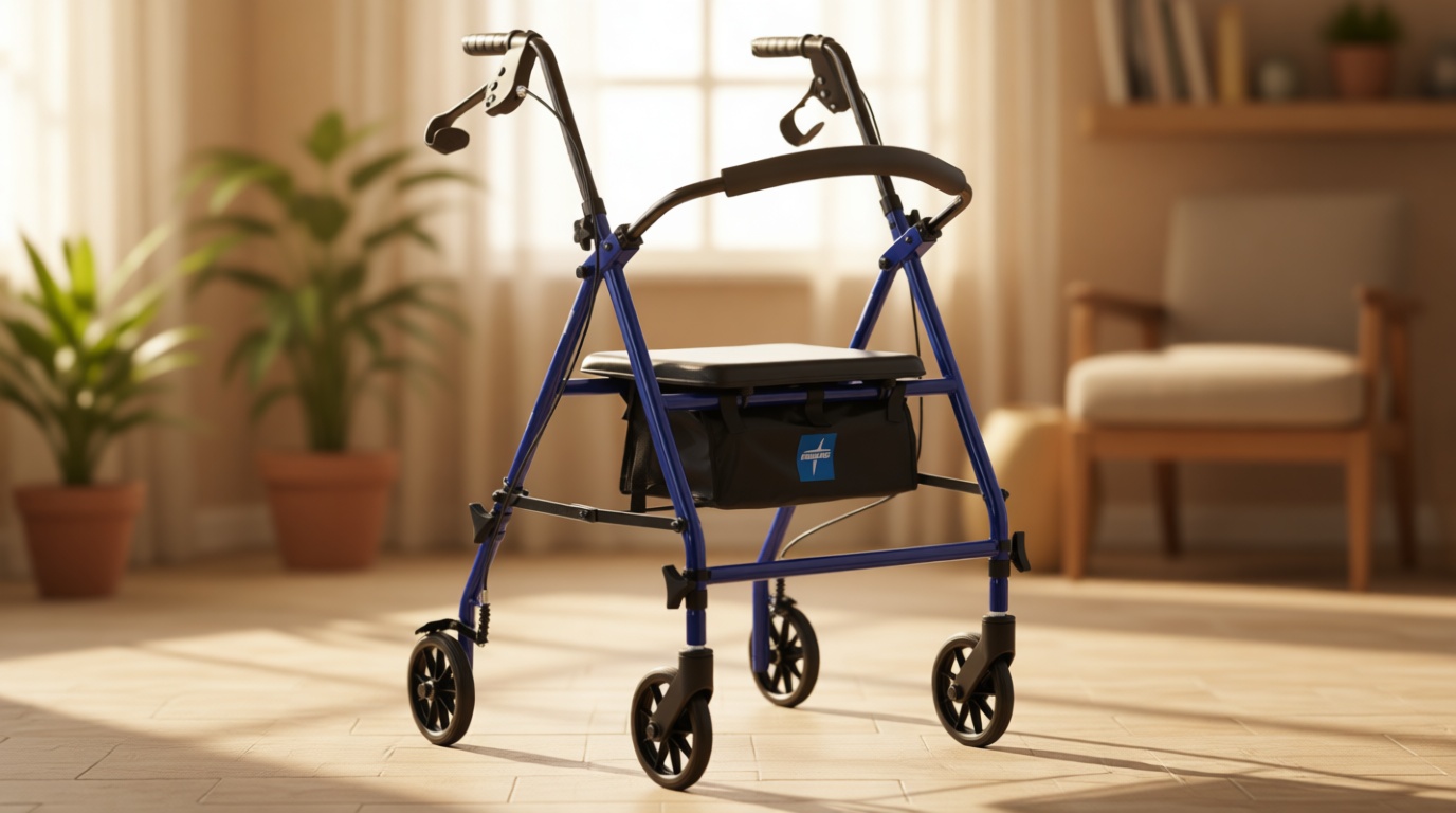Medline Steel Rollator Walker with Seat, Blue, 350 lb. Weight Capacity, 6” Wheels, Foldable, Adjustable Handles, Rolling Walker for Seniors and Elderly, Walker for Mobility Impaired
